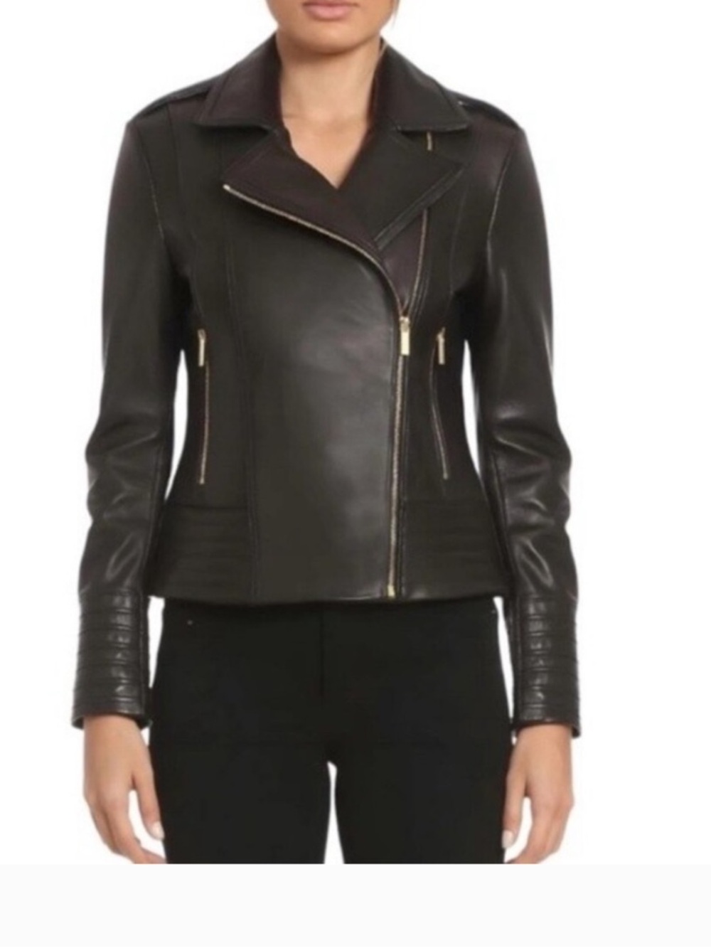 Badgley Mischka Brown Leather Biker Jacket with Gold Zippers